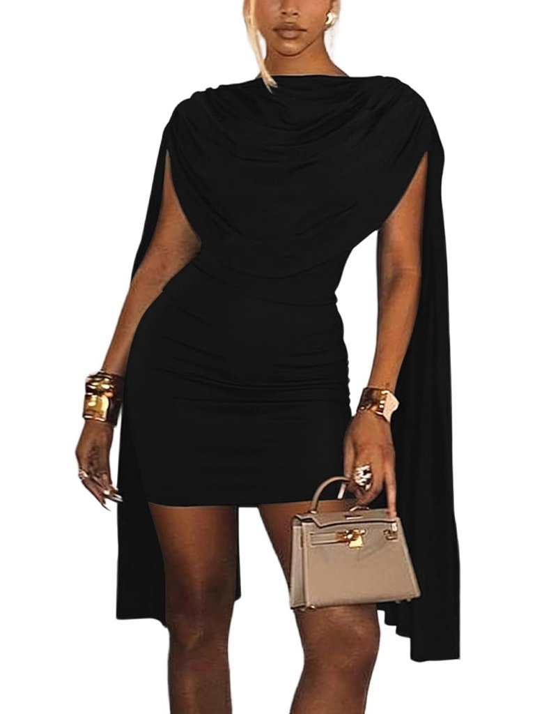 Women's Bodycon Mini Dress Black Cowl Neck Cape Sleeve Dress Cocktail Dress